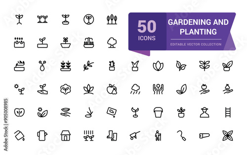 Gardening and Planting outline icons related to landscaping, farming. Linear icon collection. Editable stroke. Vector illustration.
