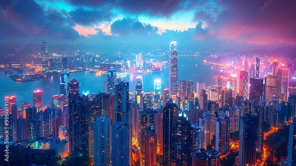 Fototapeta premium A vibrant city skyline at night with colorful illuminated skyscrapers reflecting in the water. Perfect for themes of urban living, nightlife, and modern architecture.
