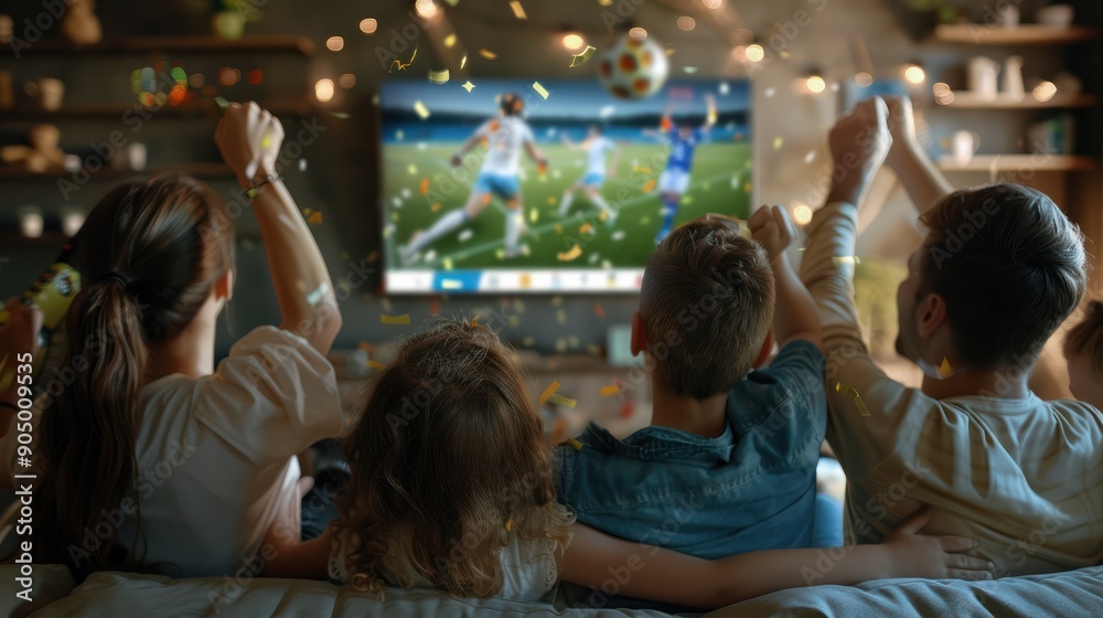 Fototapeta premium Joyful family celebration. parents and kids cheer together at tv screen watching soccer goal