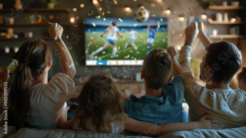 Joyful family celebration. parents and kids cheer together at tv screen watching soccer goal