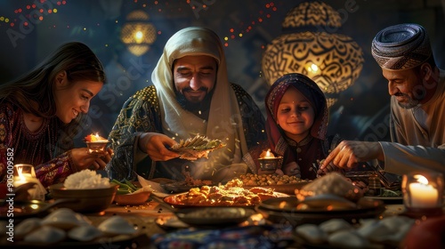 Joyous Family Gathering for Ramadan Iftar. Happy family enjoying a traditional Iftar meal during Ramadan, with festive lights and decorations.