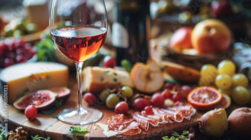 Glass of red wine with a cheese and fruit platter