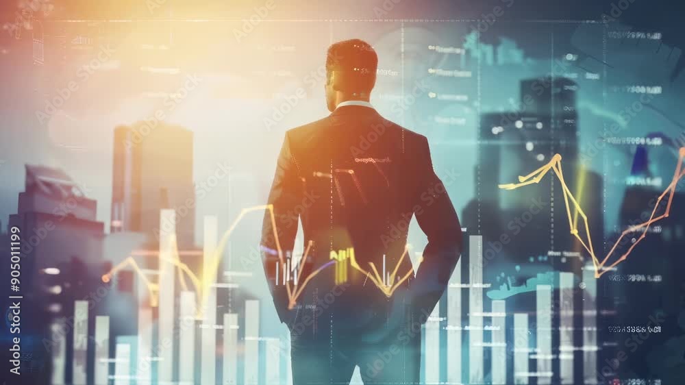Young businessman standing abstract city background with chart. Market concept. Business man looking financial graph. Modern technology analysis investment growth.