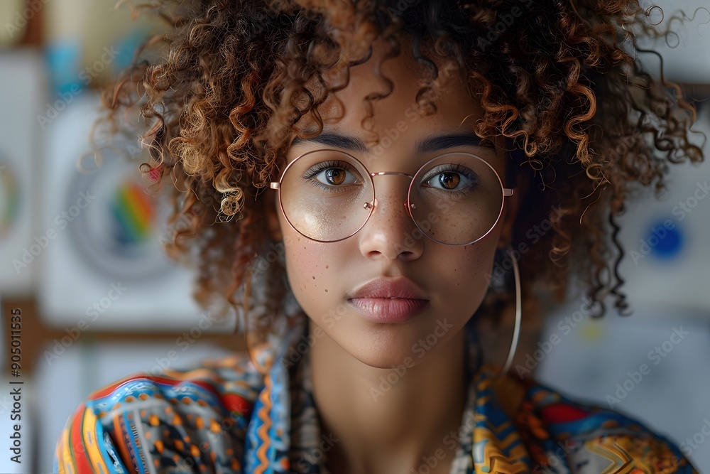Portrait of Stylish Young Woman with Glasses and Curly Hair in Creative Workspace - Perfect for Design, Print, Posters