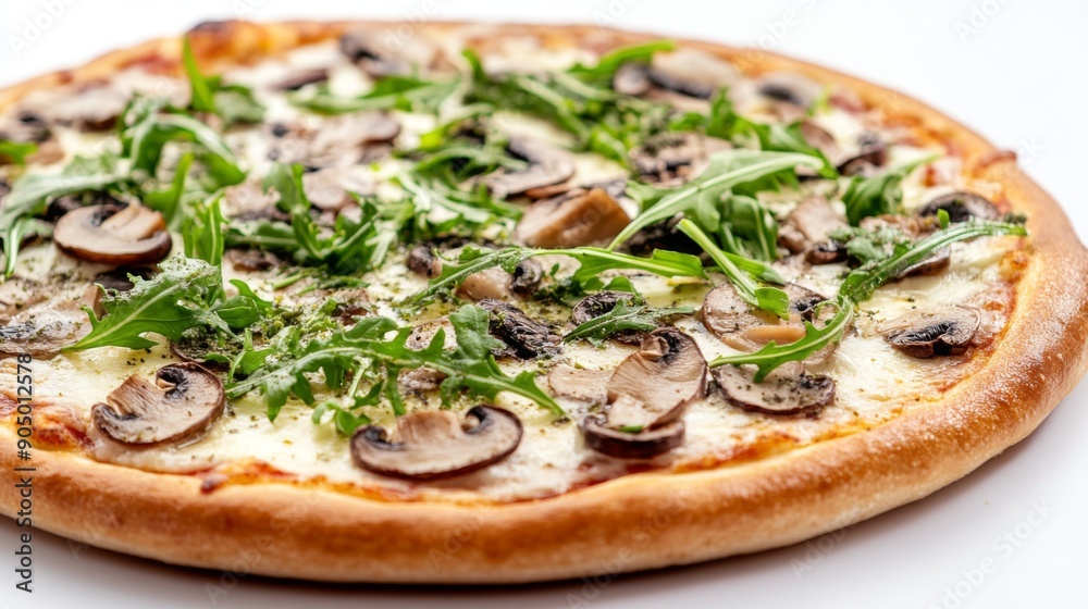 A gourmet pizza topped with truffle mushrooms and arugula, photographed against a white background. A gourmet pizza topped with truffle mushrooms and arugula, photographed against a white background.