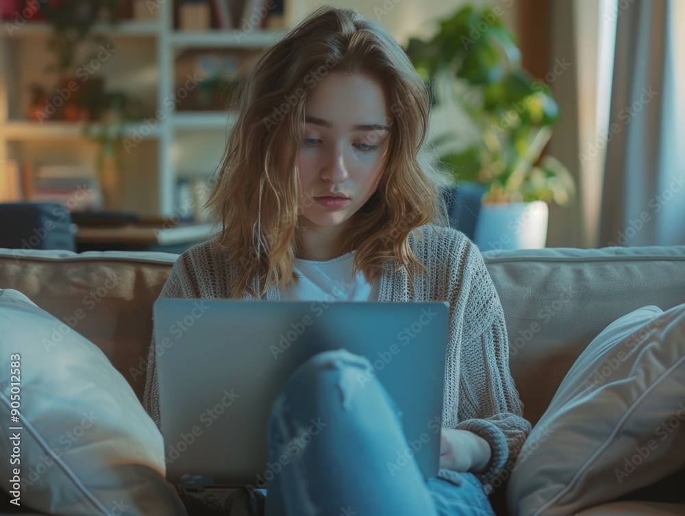 A woman sits on a couch using a laptop A woman sits on a couch using a laptop