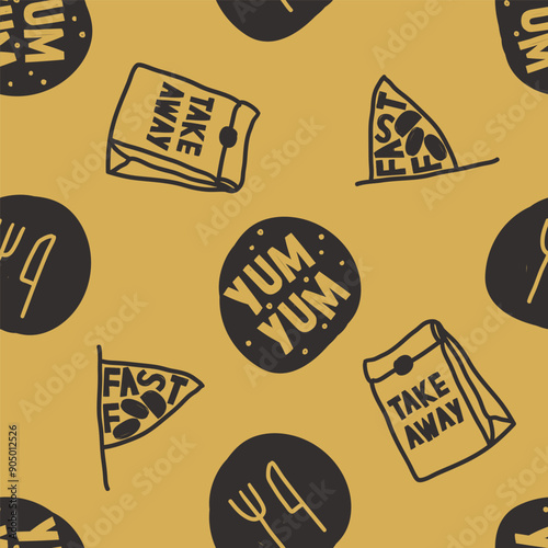 Cute fastfood seamless pattern. Template for Notebook covers, pattern for wallpapers, textile or for cafe, fast food restaurant. hand-drawn vector childish naive art illustration. junk food