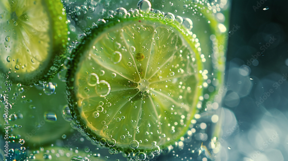 Glass of sparkling water with lime slices Glass of sparkling water with lime slices
