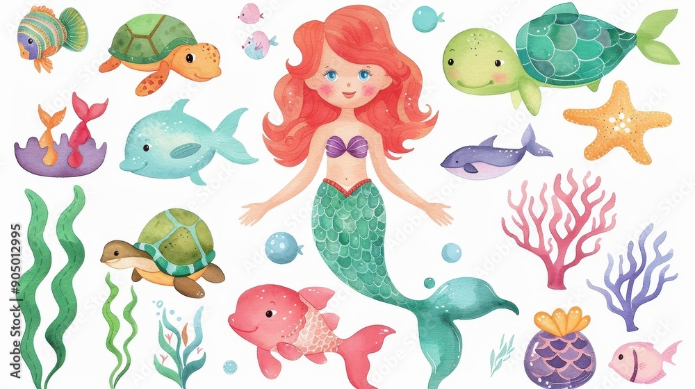 Enchanting handdrawn mermaid artwork featuring vibrant fish and turtles, perfect for adding charm to any room. Enchanting handdrawn mermaid artwork featuring vibrant fish and turtles, perfect for adding charm to any room.
