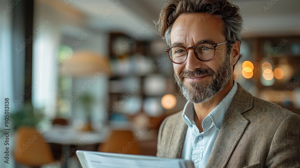 Fototapeta premium A confident man in glasses holds a tablet while smiling in a cozy, warmly-lit living room, conveying comfort, connectivity, and a serene home environment.