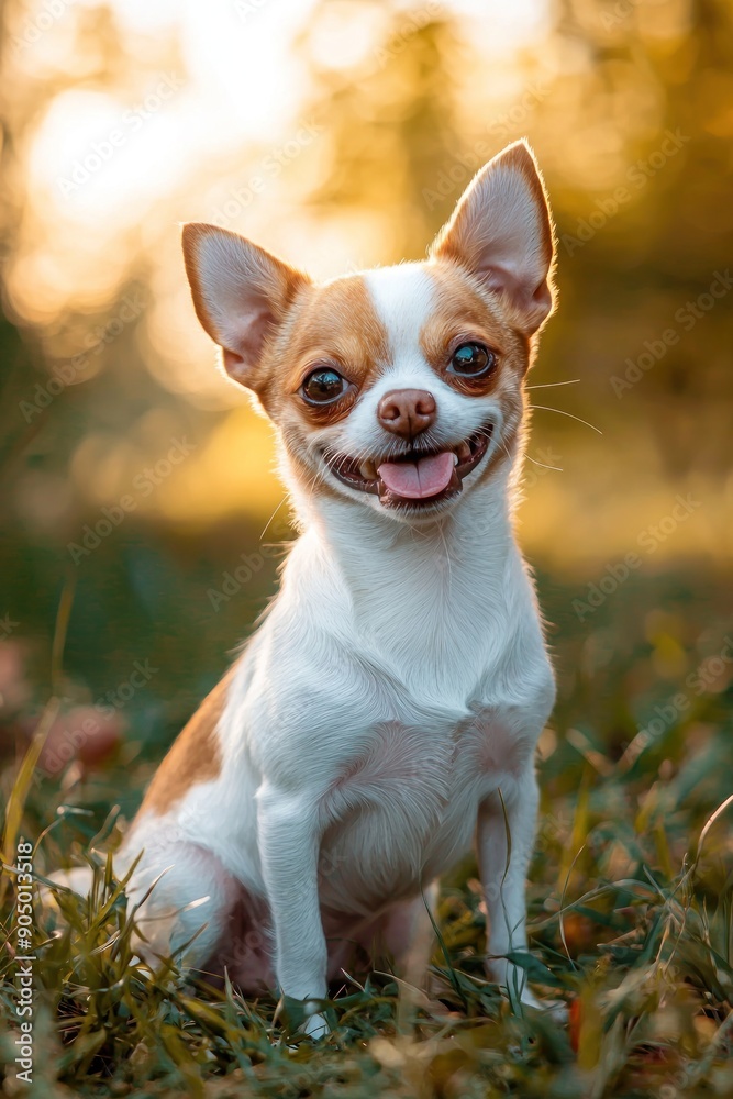 Adorable white and brown Chihuahua sitting on the grass, smiling and enjoying the outdoors on a sunny day. Generative ai Adorable white and brown Chihuahua sitting on the grass, smiling and enjoying the outdoors on a sunny day. Generative ai