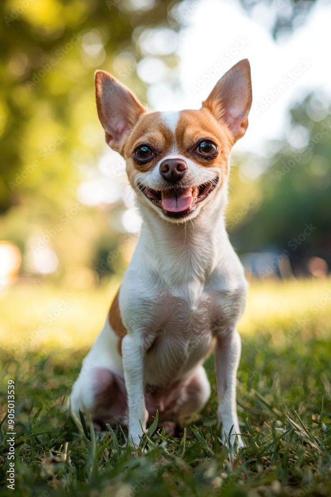Adorable white and brown Chihuahua sitting on the grass, smiling and enjoying the outdoors on a sunny day. Generative ai Adorable white and brown Chihuahua sitting on the grass, smiling and enjoying the outdoors on a sunny day. Generative ai