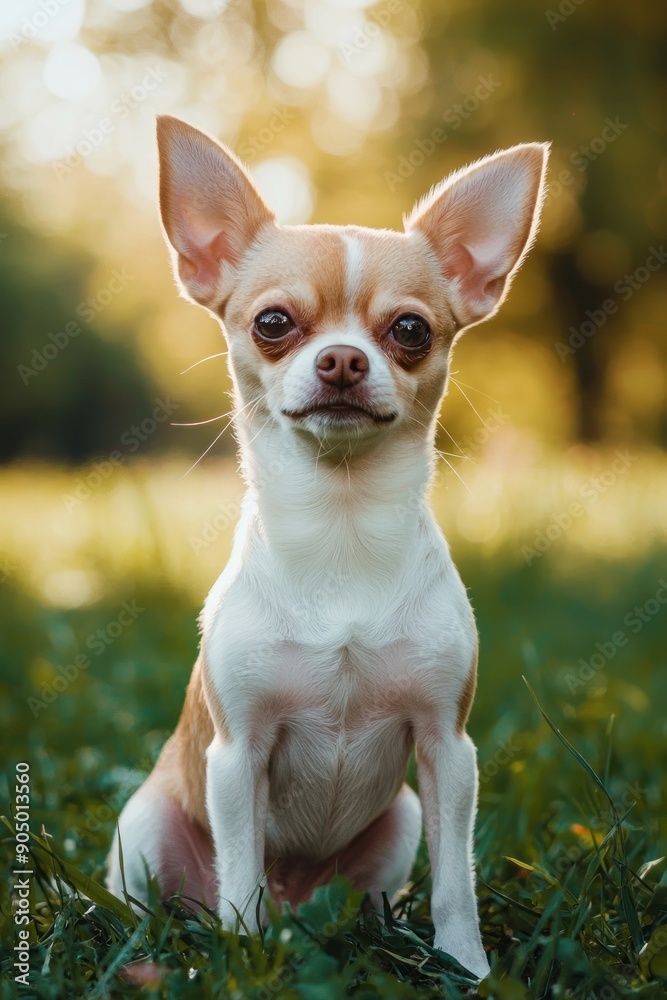 Adorable white and brown Chihuahua sitting on the grass, smiling and enjoying the outdoors on a sunny day. Generative ai Adorable white and brown Chihuahua sitting on the grass, smiling and enjoying the outdoors on a sunny day. Generative ai