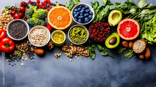 A variety of fruits and vegetables are arranged in bowls on a table