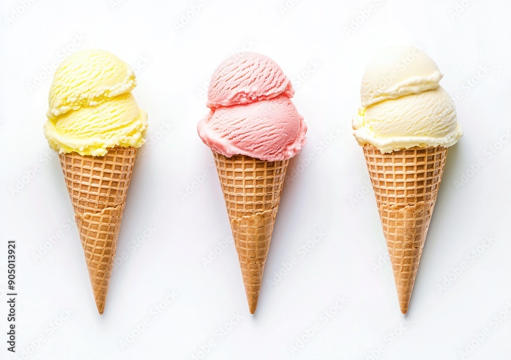 Three delicious ice cream cones in vanilla, chocolate, and mint flavors isolated on a white background. Generative ai Three delicious ice cream cones in vanilla, chocolate, and mint flavors isolated on a white background. Generative ai