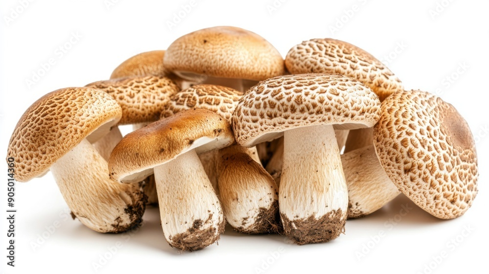 A group of Matsutake mushrooms with their distinct shapes and patterns, isolated on a white background. A group of Matsutake mushrooms with their distinct shapes and patterns, isolated on a white background.