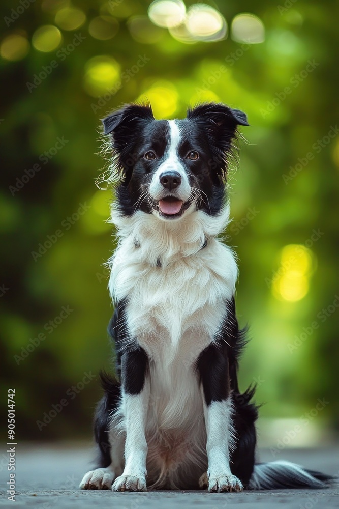 Portrait of a black and white dog sitting on a path with a beautiful bokeh background in the park. Generative ai Portrait of a black and white dog sitting on a path with a beautiful bokeh background in the park. Generative ai