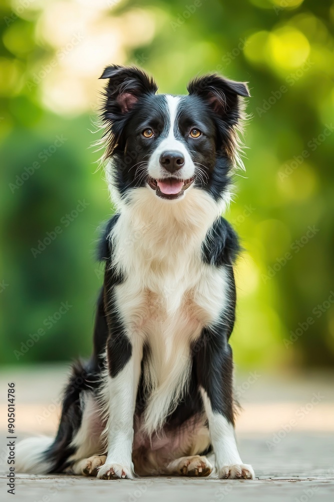 Portrait of a black and white dog sitting on a path with a beautiful bokeh background in the park. Generative ai