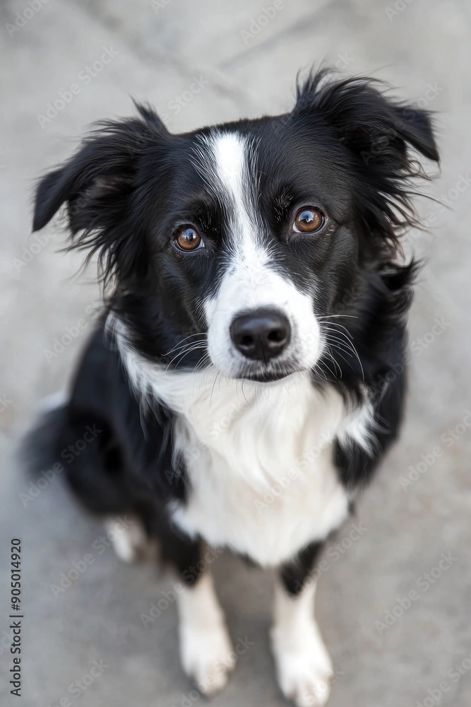 Portrait of a black and white dog sitting on the ground with attentive eyes and evening light in the background. Generative ai Portrait of a black and white dog sitting on the ground with attentive eyes and evening light in the background. Generative ai