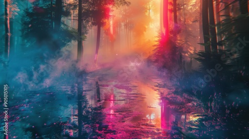 44. Muddy Trails, movie style, vibrant hues, abstract shapes, eye level, bright light, smoke, reflections,