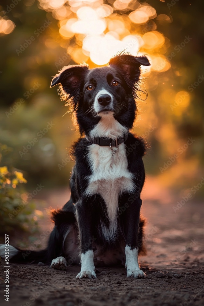 Portrait of a black and white dog sitting on the ground with attentive eyes and evening light in the background. Generative ai Portrait of a black and white dog sitting on the ground with attentive eyes and evening light in the background. Generative ai