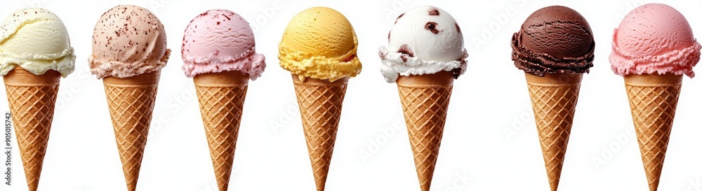 Set of ice cream cones with different flavors isolated on white background, perfect summer treat. Generative ai Set of ice cream cones with different flavors isolated on white background, perfect summer treat. Generative ai