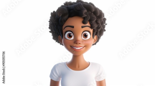 A joyful 3D cartoon character of a young black woman, smiling brightly against a clean white backdrop, showcasing modern art. photo