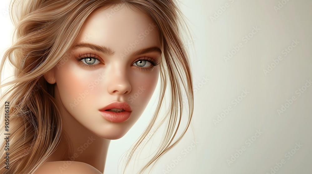 Naklejka premium White beauty, White model, cosmetics model, model, illustration, white background, makeup, long hair, girl, girl, sexy beauty, beauty wallpaper, elegant beauty, fresh beauty, skincare 