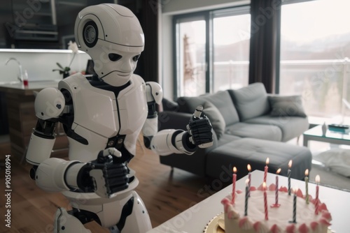 Humanoid robot is celebrating a birthday, 2 candles are on the cake,.