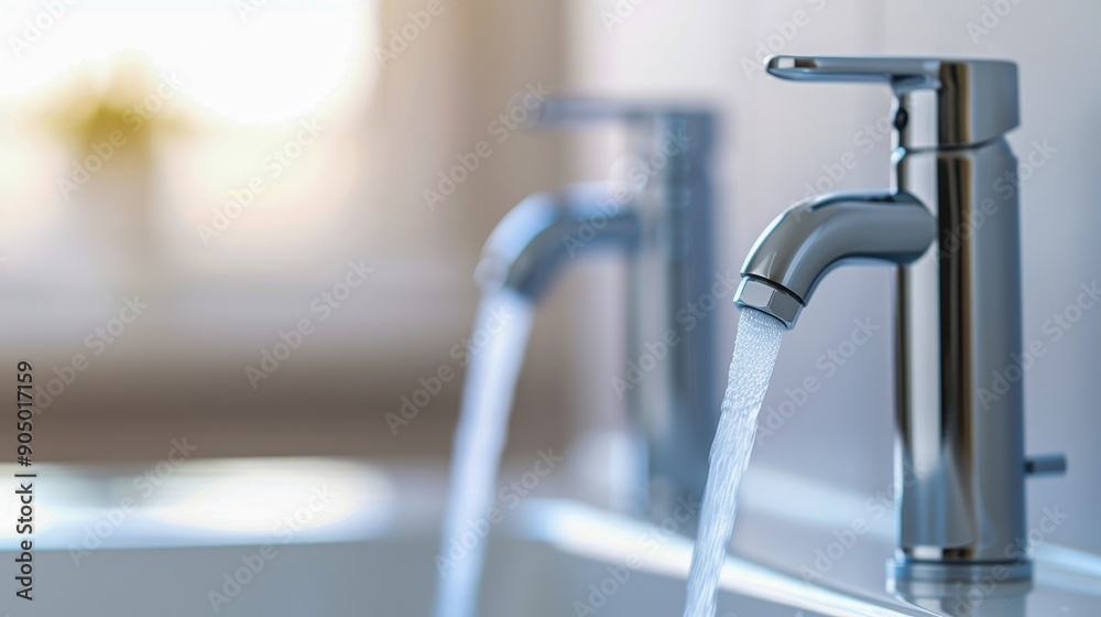Close-up of modern faucets with flowing water, showcasing sleek design and functionality in a bright bathroom setting. Close-up of modern faucets with flowing water, showcasing sleek design and functionality in a bright bathroom setting.