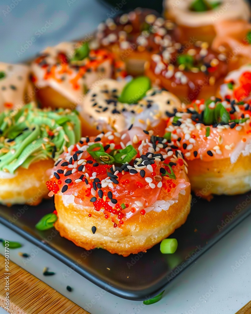A tray of assorted donuts with different toppings on a table A tray of assorted donuts with different toppings on a table