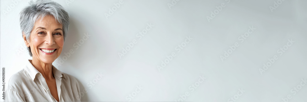 Portrait of beautiful older woman smiling and standing by white wall. A place for text, a banner for advertising. Banner with copy space. Portrait of beautiful older woman smiling and standing by white wall. A place for text, a banner for advertising. Banner with copy space.