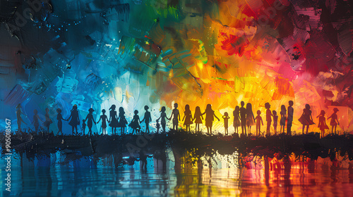 silhouette image of art paint illustration of many people on a colorful fantasy background