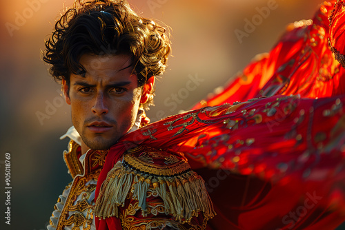 A flamboyantly dressed matador in action his red cape swirling against a gradient background photo