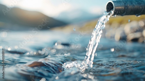 Close-up view of a sewage pipe releasing untreated wastewater into a river. photo