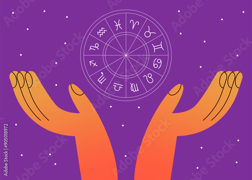 Astrology concept, Hands showing natal chart, future prediction. Flat vector illustration.