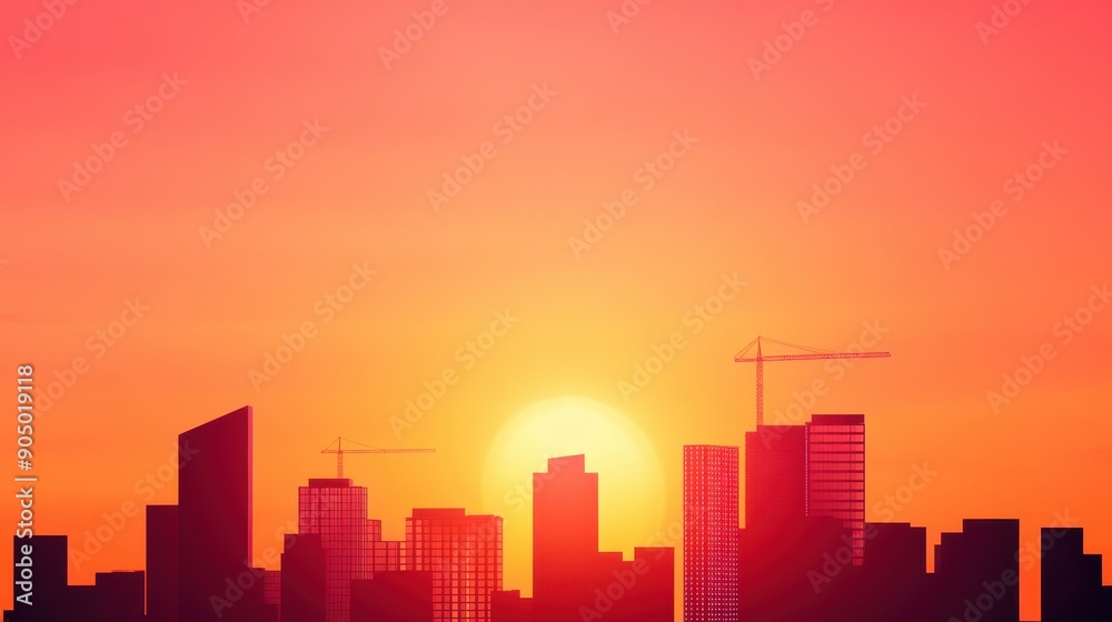 A vibrant sunset silhouette of a city skyline, showcasing modern buildings and construction against a colorful sky.