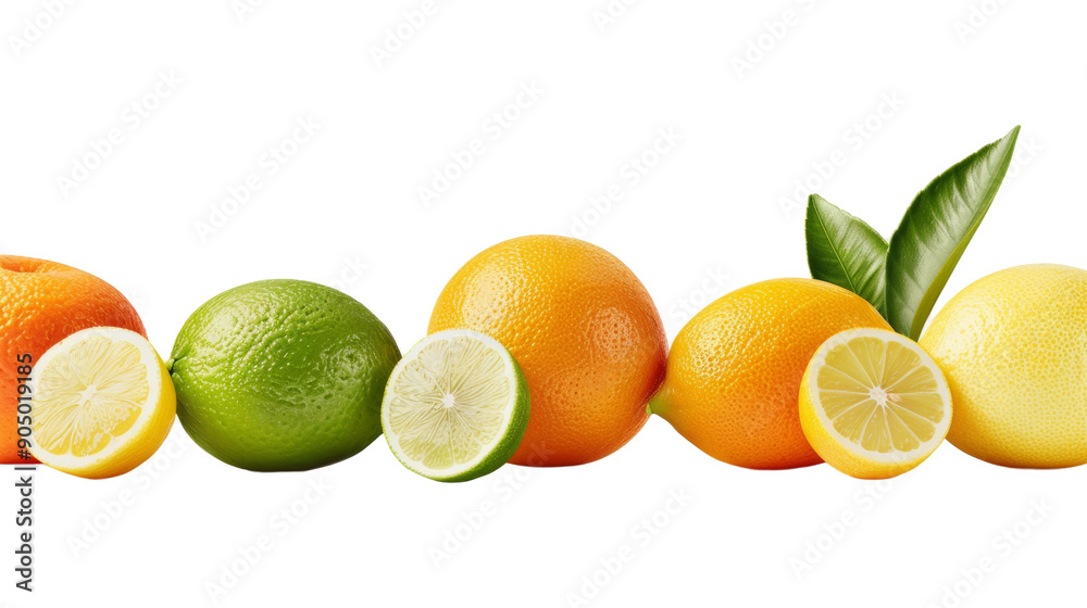 A row of citrus fruits including oranges, lemons, and limes