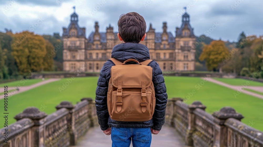 A young boy stands in awe before a grand castle, showcasing curiosity and adventure in a scenic landscape. A young boy stands in awe before a grand castle, showcasing curiosity and adventure in a scenic landscape.