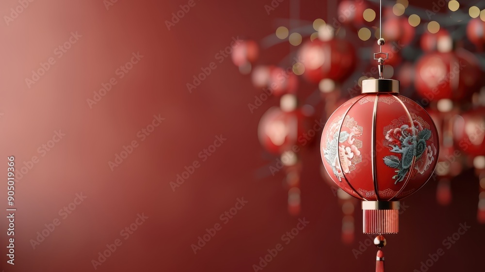 Traditional Chinese lantern with intricate patterns on red backdrop with gold accents. Traditional Chinese lantern with intricate patterns on red backdrop with gold accents.