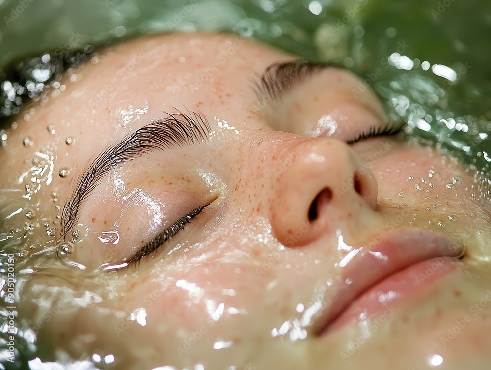 Fototapeta premium Close-Up of a Relaxed Woman's Face Submerged in Water with Bubbles and Reflections