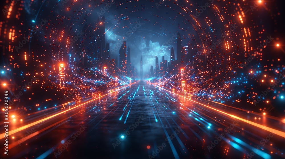 Fototapeta premium Vibrant Neon Cityscape With Digital Pathway Illuminated by Bright Lights at Night