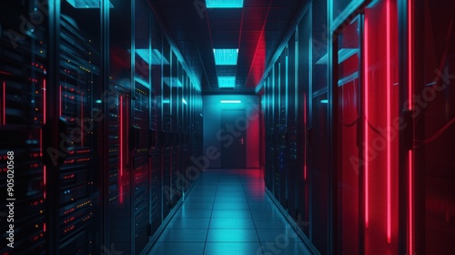 Shot of Data Center With Multiple Rows of Fully Operational Server Racks. Modern Telecommunications  Artificial Intelligence  Supercomputer