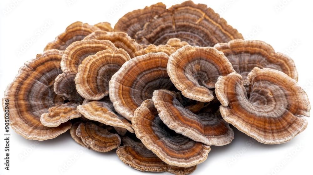 A pile of fresh turkey tail mushrooms, showcasing their natural textures and colors on a white background. A pile of fresh turkey tail mushrooms, showcasing their natural textures and colors on a white background.