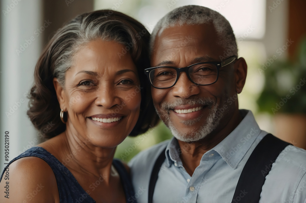 Joyful African American Senior Couple Smiling Together Indoors Radiating Love and Contentment Joyful African American Senior Couple Smiling Together Indoors Radiating Love and Contentment