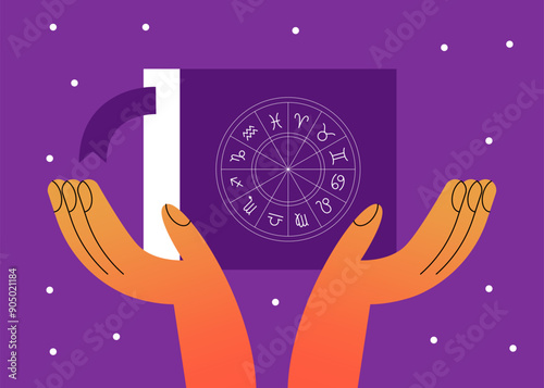 Astrology concept Human reading a natal chart, future prediction. Flat vector illustration.