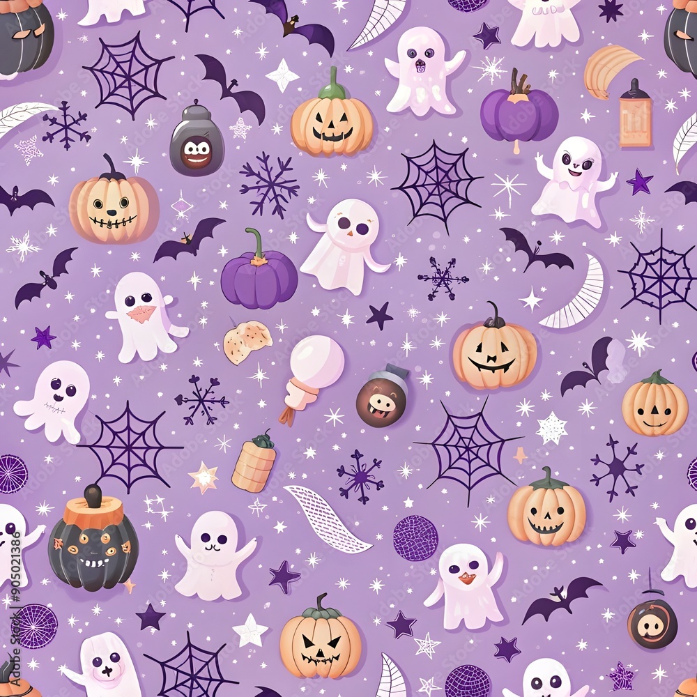 Seamless pattern with Halloween elements. Purple Halloween design for greeting cards, gift boxes, wallpaper, fabric, and web designs Seamless pattern with Halloween elements. Purple Halloween design for greeting cards, gift boxes, wallpaper, fabric, and web designs