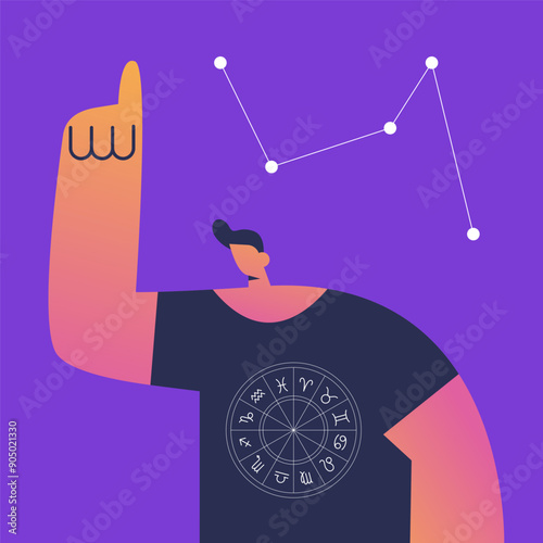 Astrology concept, Young Boy character reading a natal chart, future prediction. Flat vector illustration.