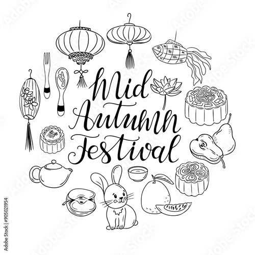 Mid autumn festival doodle set in round shape with calligraphic lettering. Monochrome contour stickers with related to holiday things isolated oh white background. Sketchy drawing for Asian holiday