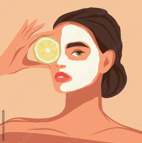 A beautiful woman takes care of her facial skin. Cleansing your face with a sheet mask. Ideal skin results. Skin care cosmetics. Vector flat illustration for text for advertising, website, banner